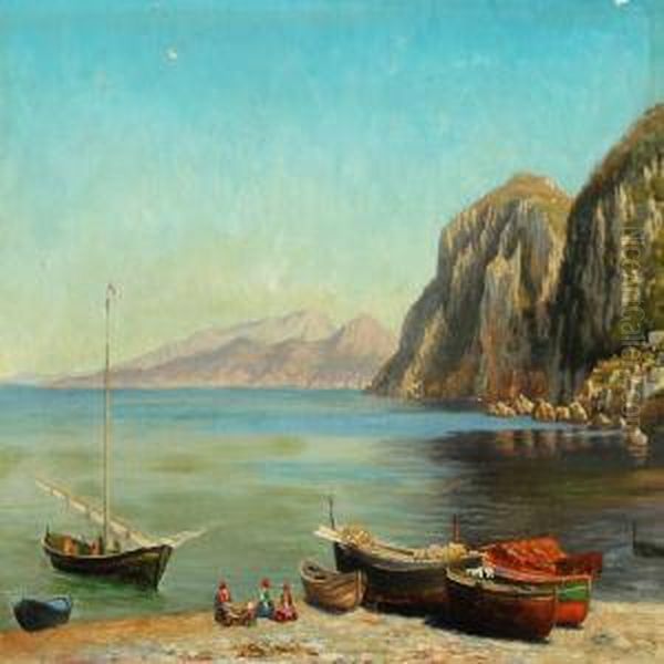 A View From Capri With People On The Beach Oil Painting by Harald Peter W. Schumacher