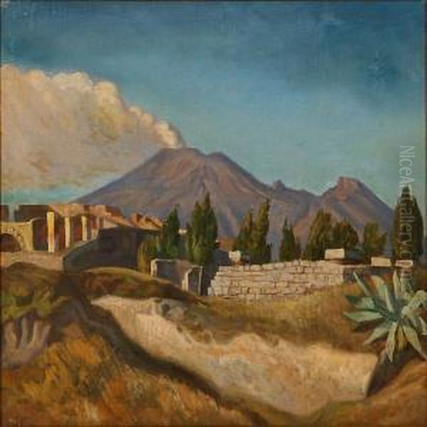 Landscape From Pompeii With Mount Vesuvius In Thebackground Oil Painting by Harald Peter W. Schumacher