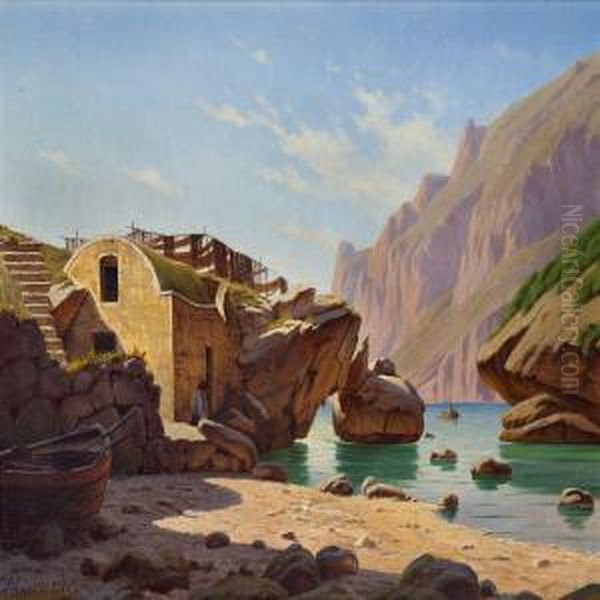 Rocky Coast Witha Fisherman Drying His Fishing Nets Oil Painting by Harald Peter W. Schumacher