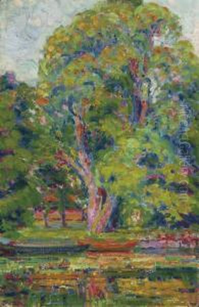 Trees With Stream And Boat Oil Painting by William E. Schumacher