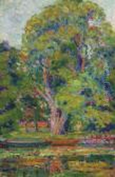 Trees With Stream And Boat Oil Painting by William E. Schumacher