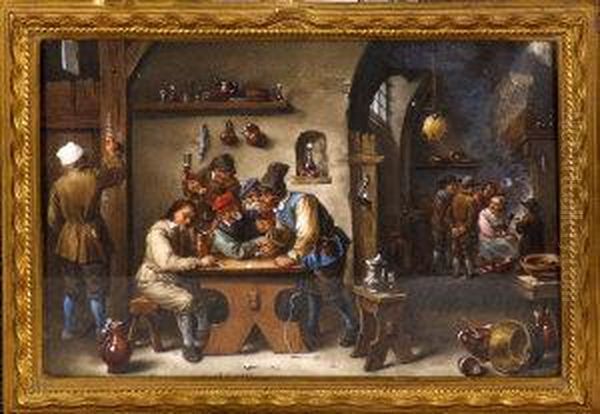 A Tavern Interior With Six Men Gaming At A Table And Other Figures Conversing In A Recess By A Smoking Fire Oil Painting by Albert Schumann