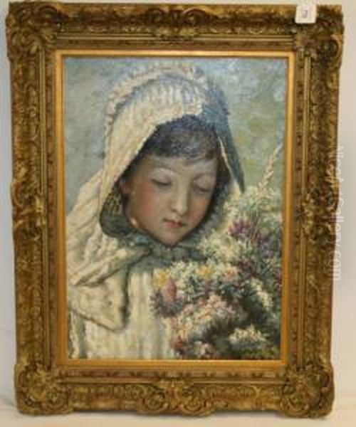 Study Of A Child Wearing A Bonnet With Bunch Of Flowers Oil Painting by M. Schumer