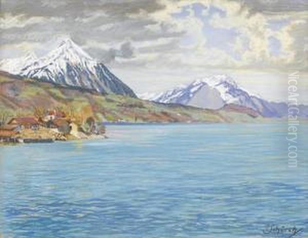 Ansicht Des Thunersees Mit Niesen Bei Darligen. Oil Painting by Paul Schurch