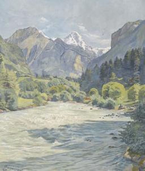 Sommerliche Flusspartie In Einem Alpental Oil Painting by Paul Schurch