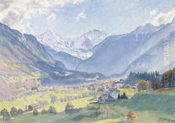 Herbstliche Ansicht Von Wilderswil Mit Monch Und Jungfrau. Oil Painting by Paul Schurch