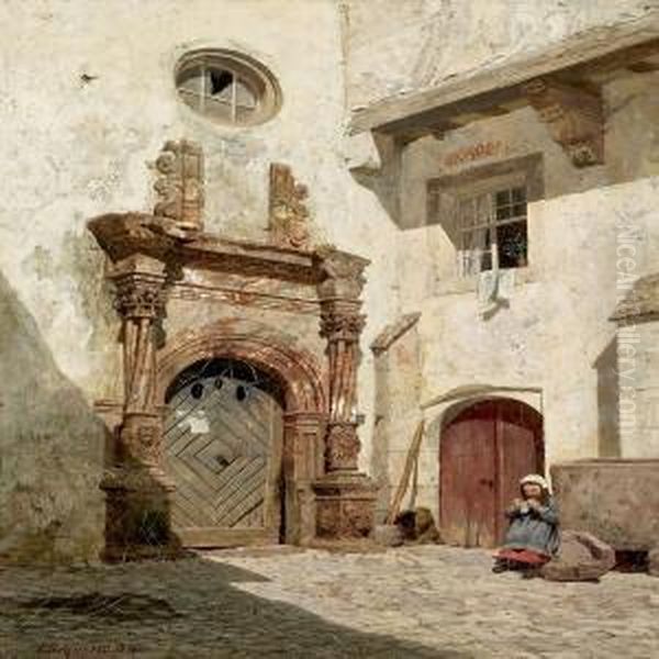 Girl At A Gate In An Italian Courtyard Oil Painting by C. Schuster