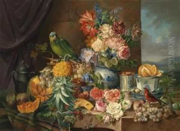 Large Still Life With Fruit Oil Painting by Josef Schuster