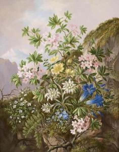 Alpineflowers Oil Painting by Josef Schuster