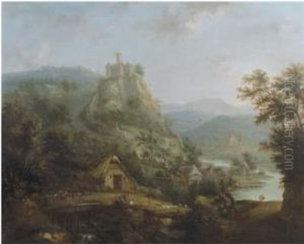 An Extensive Mountain River Landscape With A Bridge And Peasants In A Village By A River Oil Painting by Christian Cornelis Schutz