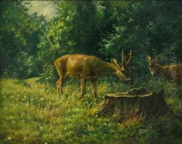 Rehbock Und Ricke Auf Waldlichtung Oil Painting by Heinrich Schutz