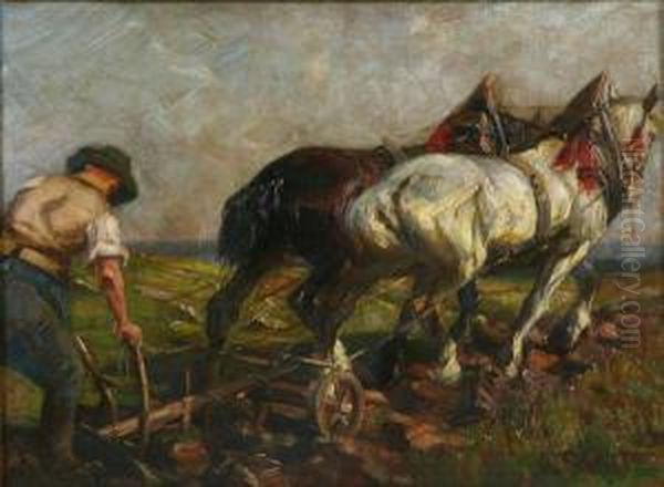 Team Of Horses Plowing The Fields Oil Painting by Heinrich Schutz