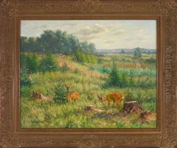 Rehbock Und Ricke Am Waldrand Vor Weiter Landschaft Oil Painting by Heinrich Schutz