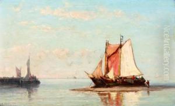 Zeeuwse Scheepjes Op Zandplaat Oil Painting by Joannes Frederick Schutz