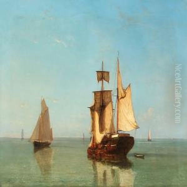 Calm Summer Day With Sailing Ships At Sea Oil Painting by Joannes Frederick Schutz