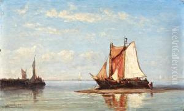 Zomerse Dag Met Twee Zeilschepen Op Een Zandplaat Bijhavenhoofd Oil Painting by Joannes Frederick Schutz