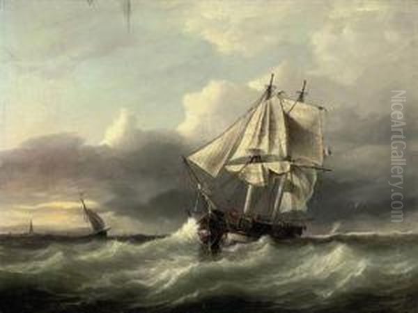 A French Coastal Trader Anchored In A Heavy Swell Off The Lowcountries Oil Painting by Joannes Frederick Schutz