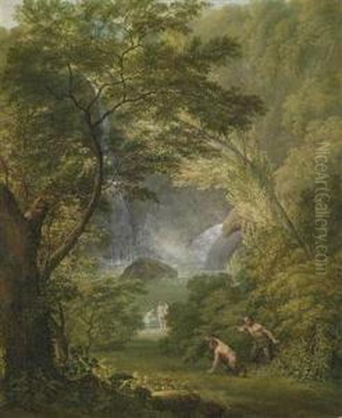 Two Satyrs Spying On Bathing Nymphs Oil Painting by Johann Georg Schutz