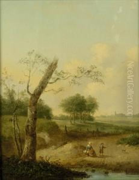 Flachlandschaft Mit Staffagefiguren Oil Painting by Johann Georg Schutz