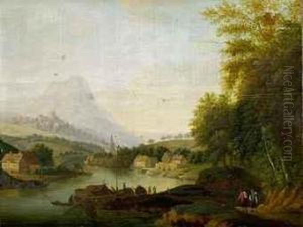 Stadtchen Am Rhein Oil Painting by Johann Georg Schutz