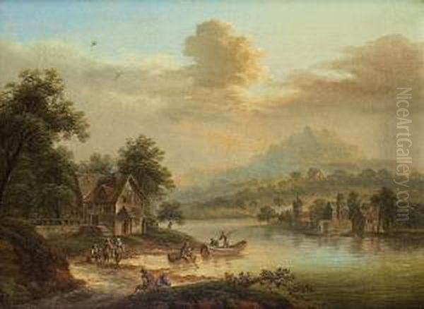 Flusslandschaft Mit Fischerbooten Oil Painting by Johann Georg Schutz