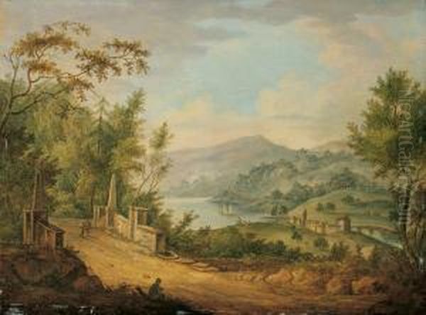 Landschaft Mit See. Oil Painting by Johann Georg Schutz