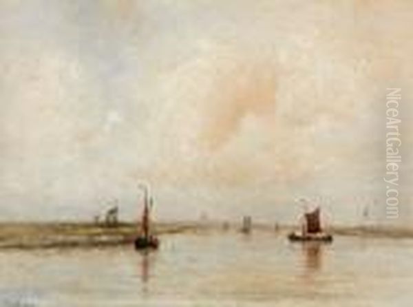 Vissersboten Op Poldervaart Bij Windstilte Oil Painting by Willem Joannes Schutz