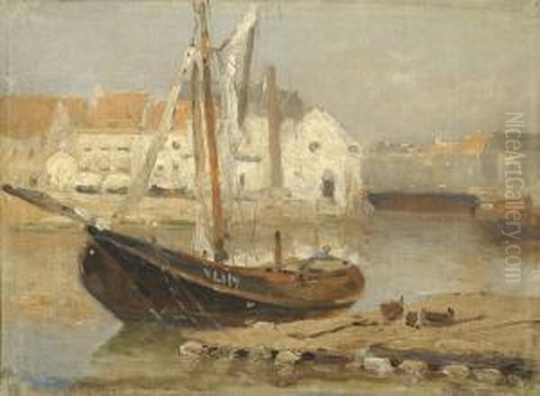 Moored Ship In An Inner Harbour Oil Painting by Willem Joannes Schutz