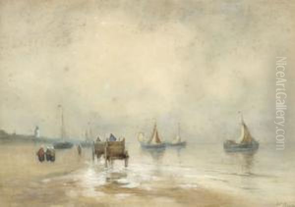 Ships And Fishcarts On The Beach At Katwijk Oil Painting by Willem Joannes Schutz