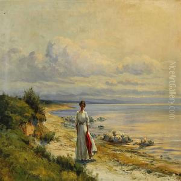 A Young Woman On The Beach Oil Painting by Wilhelm Schutze