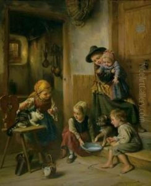 Komm' Katzchen, Trink! Oil Painting by Wilhelm Schutze