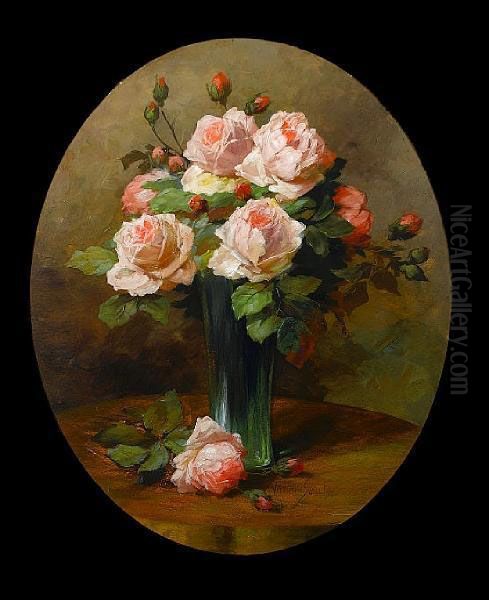 Still Life Of Roses In A Glass Vase Oil Painting by Wilhelm Schutze