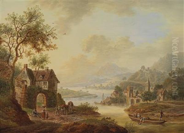 Rhine Landscape Oil Painting by Christian Georg Schuttz II