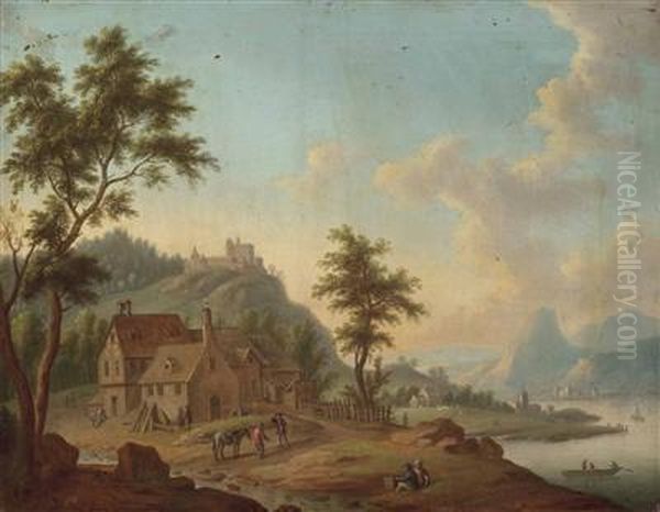 Flusslandschaft Mit Hochgelegener Burg Und Figurlicher Staffage Oil Painting by Christian Georg Schuttz II