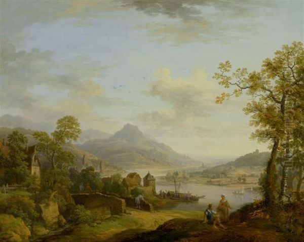 Peasants Near A Path In A Broad Rhine Landscape With Village And Bridge Oil Painting by Christian Georg Schuttz II