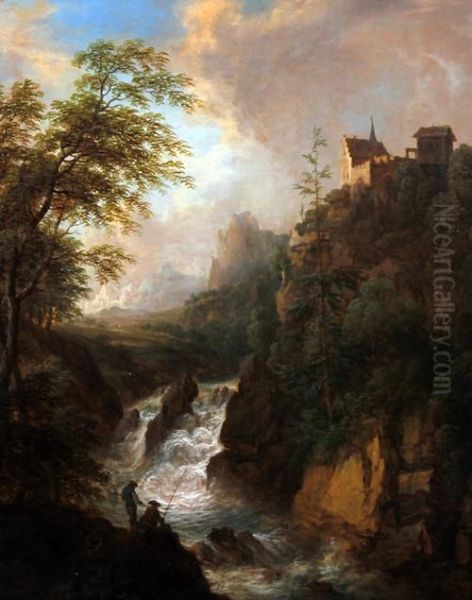 Mountain River Landscape With Anglers On A Rocky Outcrop Oil Painting by Christian Georg Schuttz II