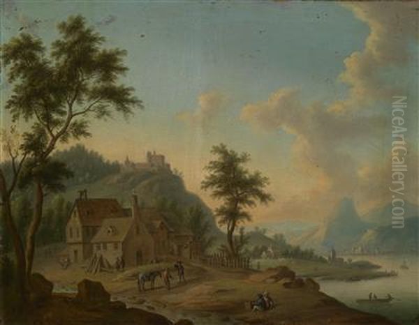 River Landscape With A Fortress And Figuralstaffage Oil Painting by Christian Georg Schuttz II