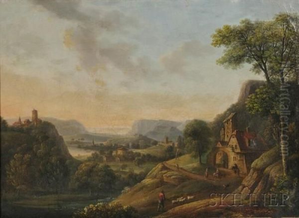 View Of The Rhine/an Expansive Landscape Oil Painting by Christian Georg Ii Schuz