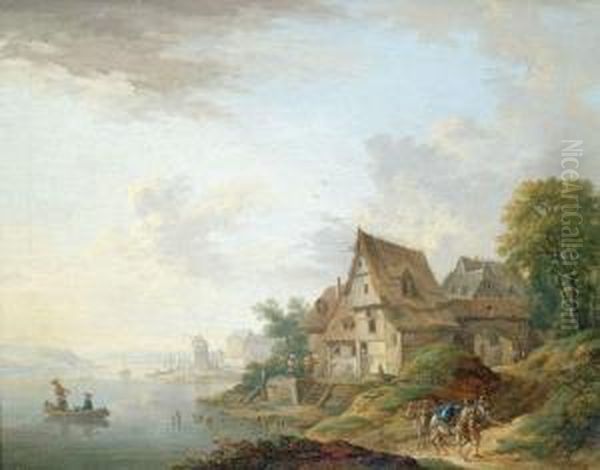 Weite Flusslandschaft Mit Einem Reisenden Und Maultieren Auf Der Uferstrase Oil Painting by Christian Georg Ii Schuz