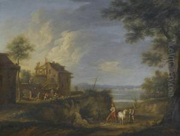 A Landscape With Peasants Watering Their Horses At The Stream Oil Painting by Christian Georg Ii Schuz