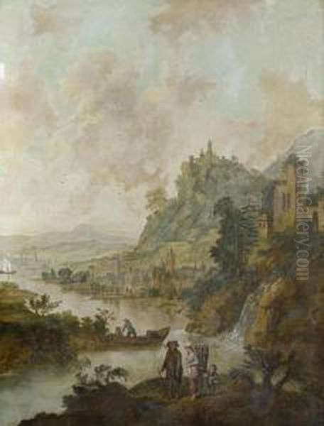 A Mountainous River Landscape With Travellers On A Path In The Foreground Oil Painting by Christian Georg Ii Schuz