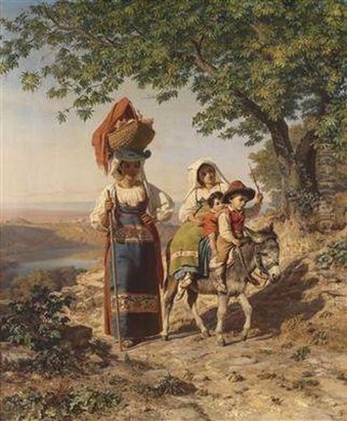 Idyllic Scene At Lake Nemi Oil Painting by Theodor Christoph Schuz