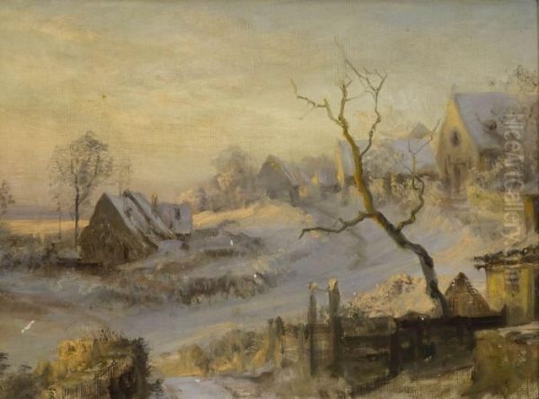 Winterliche Dorflandschaft. Oil Painting by Theodor Christoph Schuz