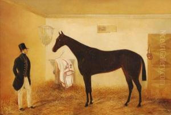 A Chestnut Horse And Its Owner In A Stable Interior Oil Painting by Alexander Schwabe