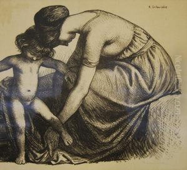 Mother And Child; Lithograph Oil Painting by Randolph Schwabe