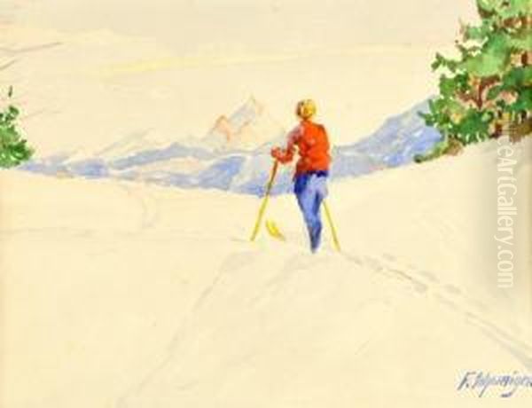 Skifahrerin In Allgauer Winterlandschaft Oil Painting by Fritz Schwaiger