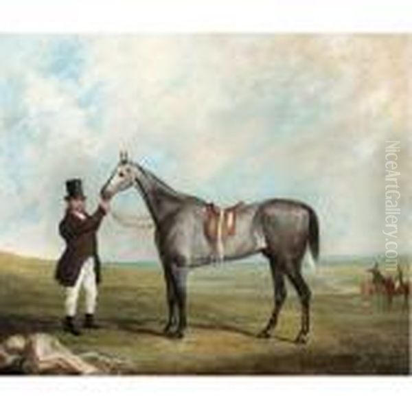 A Grey Racehorse Held By His Owner Oil Painting by Charles Henry Schwanfelder