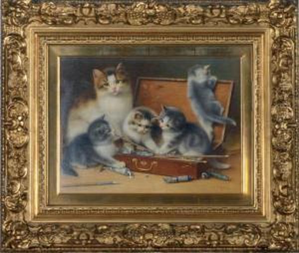 Mother Cat And Her Kittens Playing In A Paint Box Oil Painting by Wilhelm Schwar