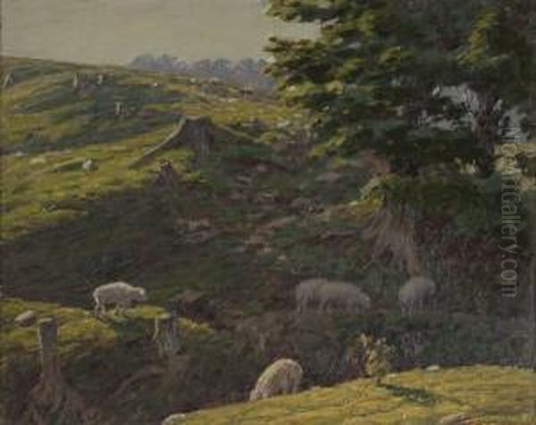 Landscape With Grazing Sheep Oil Painting by Andrew Thomas Schwartz