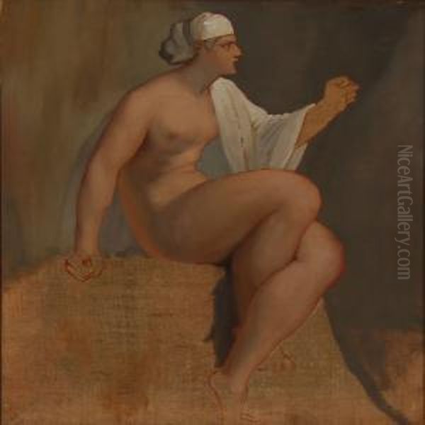 Female Nude With A White Head Cloth Oil Painting by Frans Schwartz